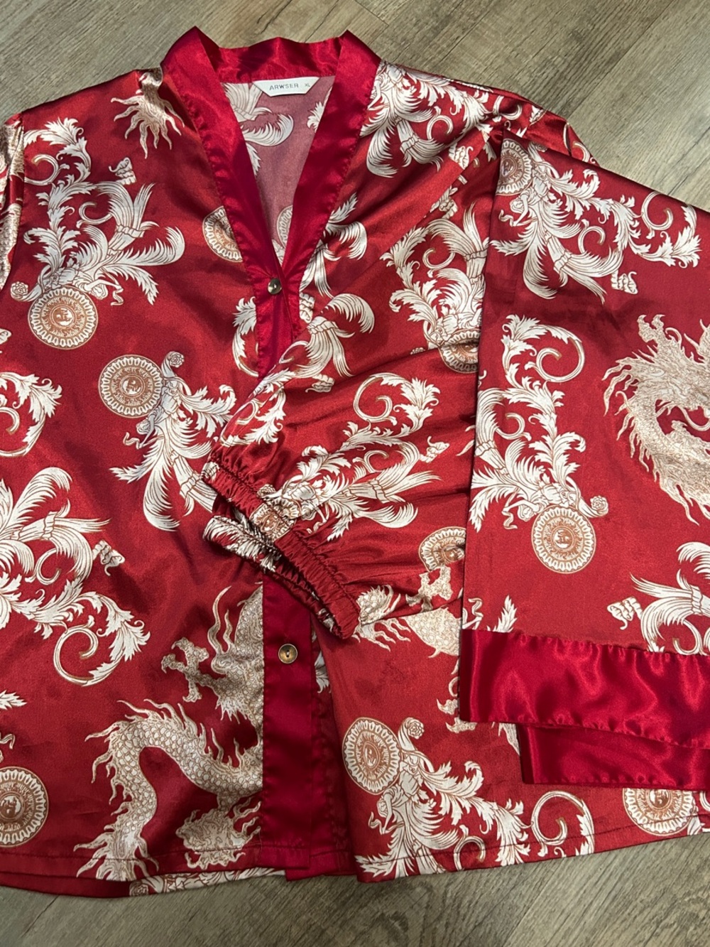 Silky Red Dragon Print Button-Front Shirt
